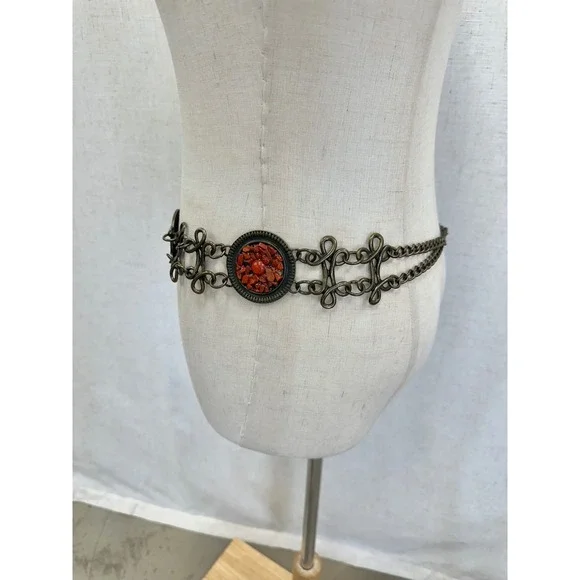 Medallion Chain Concho Belt Womens OS Red Faux Coral Antique Brass Boho Style - Picture 7 of 14